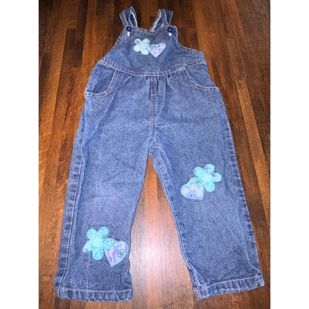 Vintage Kids Blue Denim‎ Applique Overalls Floral Heart Patches Size 24M